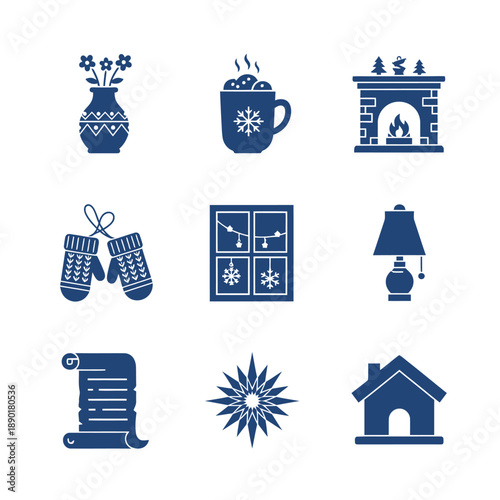 Flat duotone graphics feature nine cozy winter icons including hot cocoa, fireplace, and knitted mittens rendered in a Sapphire and Electric Blue palette on a white background