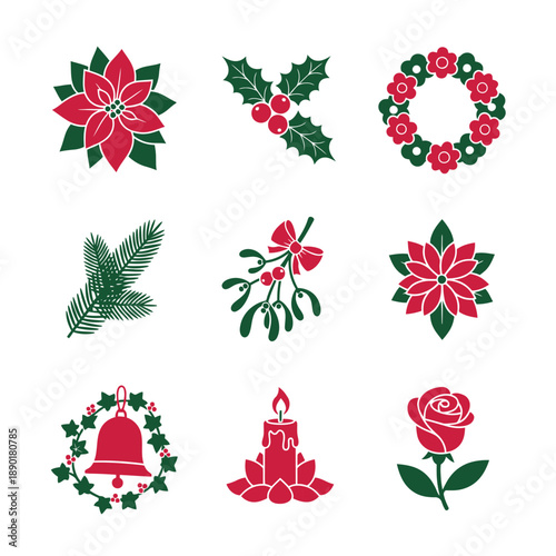 Nine festive Christmas flora graphic icons, featuring poinsettia, mistletoe, and a holiday wreath, utilize a bold duotone flat graphic style with a striking Crimson Red and Deep Emerald Green palette