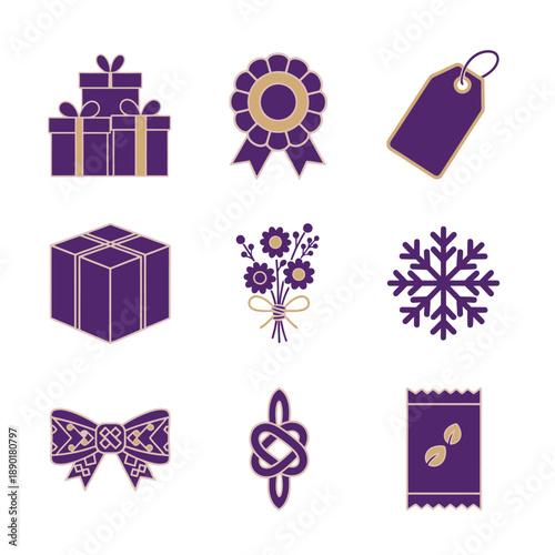 Nine luxury duotone graphic icons showcasing gift wrapping, packaging, and floral embellishments, rendered in bold Royal Purple and Metallic Gold flat graphics with a clean, geometric style