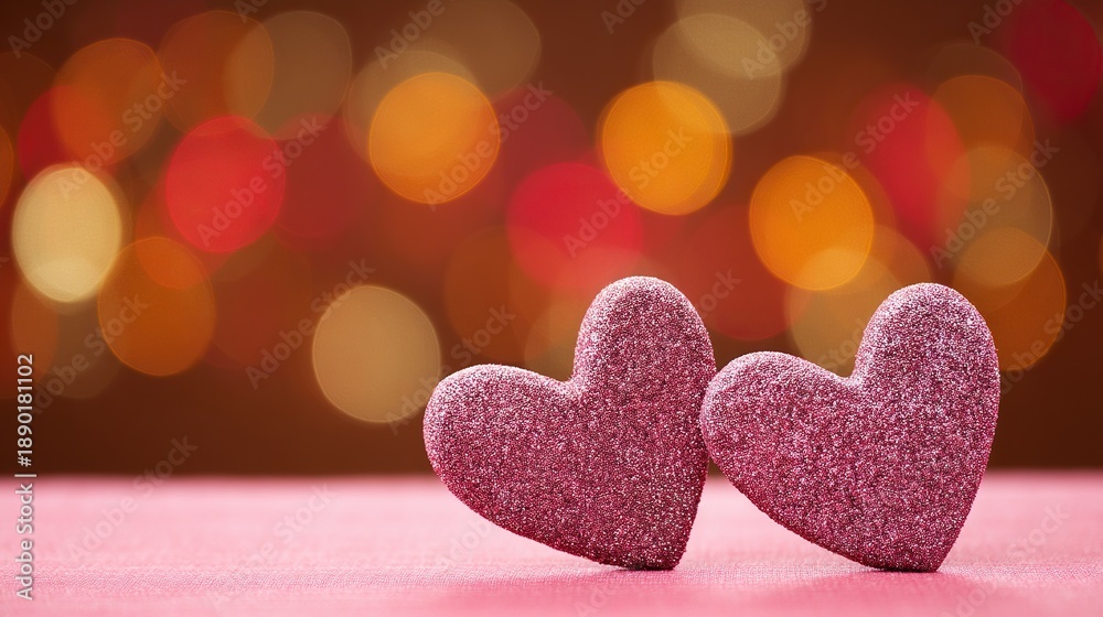 Fototapeta premium Two red hearts on a pink sparkling background, with soft bokeh lighting, romantic decorative design elements, perfect for Valentine's Day celebration