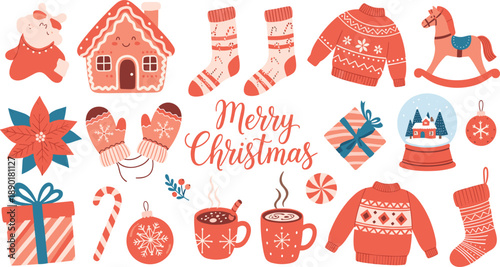 Festive Christmas icon collection with cozy winter clothing, holiday treats, decorations, gifts, and cheerful seasonal elements