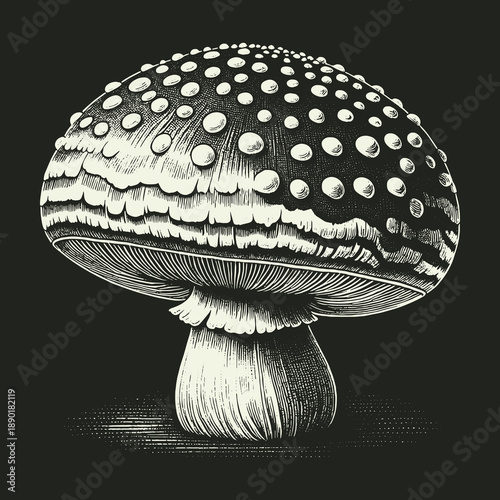 Detailed illustration of a striking Amanita mushroom with distinctive white spots.