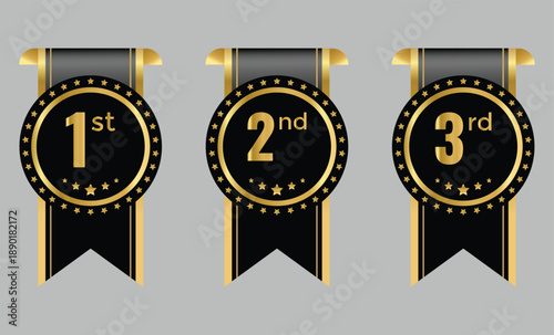 1st, 2nd, 3rd awards medal badge. Success and honor signs. Top three finishers symbols. Gold silver and bronze winner symbols
