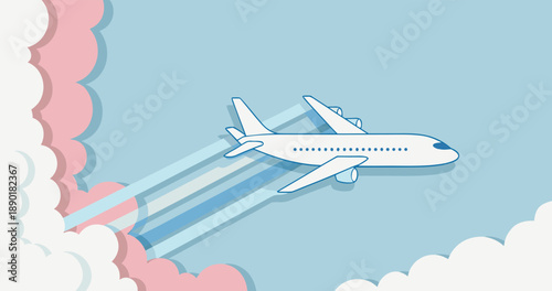 Paper Cut Airplane with Colorful Contrails in Layered Sky