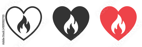 Heart-shaped fire icon set in black and red variations on white background.