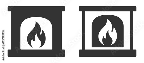 Minimalistic fireplace icon set with flame design in black and white.