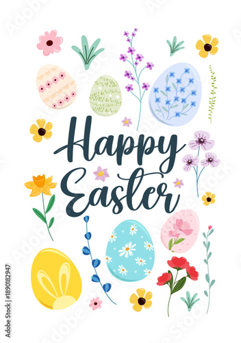 Happy Easter greeting card set with colorful eggs and flowers spring holiday celebration banner vertical. Vector Illustration. 
