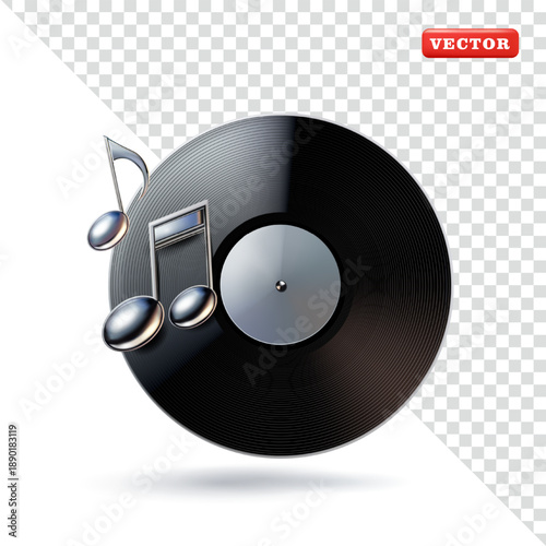 Vinyl record with musical notes in shiny silver metal, 3D vector. Suitable for music and design elements