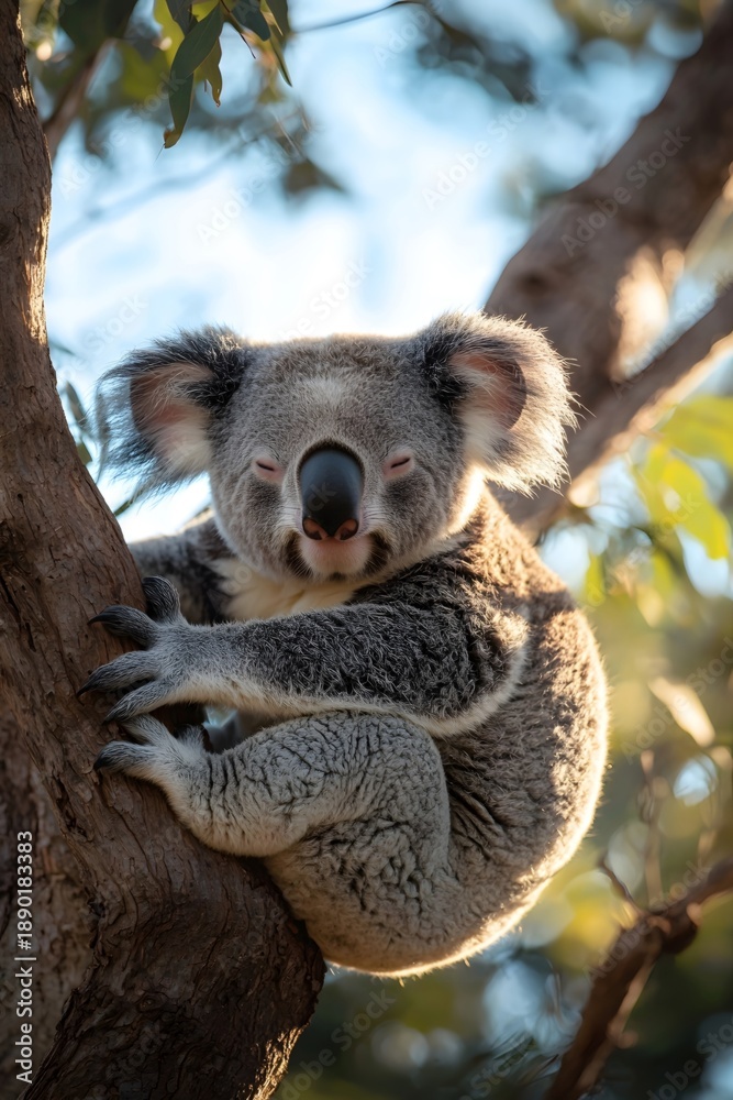 Obraz premium A koala rests on a tree branch, basking in the soft sunlight
