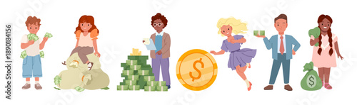 Kids and young people interacting with cash, coins, and money bags, representing financial education, saving, and wealth concepts, isolated on white background vector illustration