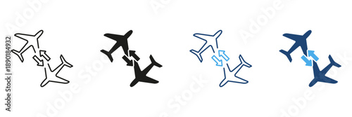 Airplane Transfer Process with Two Aircraft and Arrows Showing Direction Between Flights, Travel and Aviation Transportation Line and Solid Icon Set. Isolated Vector Illustration