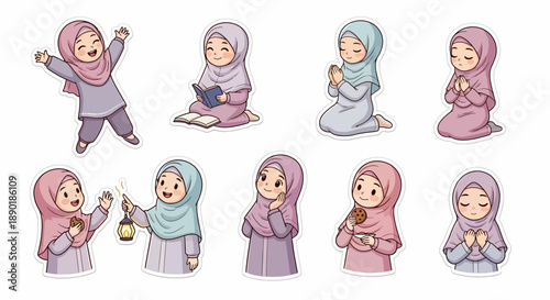 Collection of cute cartoon illustrations depicting young Muslim girls in hijabs performing various daily activities and prayers, showcasing cultural and religious themes.