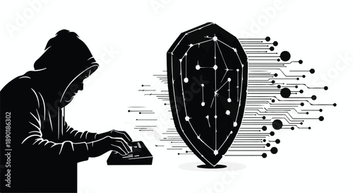 Cyber Crime and Data Breach Hooded Hacker Exploiting Network Vulnerabilities