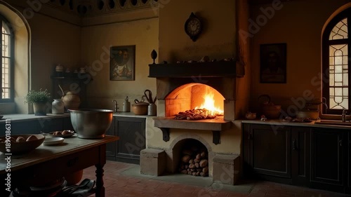 Rustic Kitchen with Roaring Fireplace and Traditional Oven.