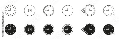 Clock And Time Management Icon Set. Timekeeping, 24-Hour Cycle, And Speed Tracking Outline And Silhouette Symbol Collection. Efficient Scheduling And Time Optimization. Isolated Vector Illustration