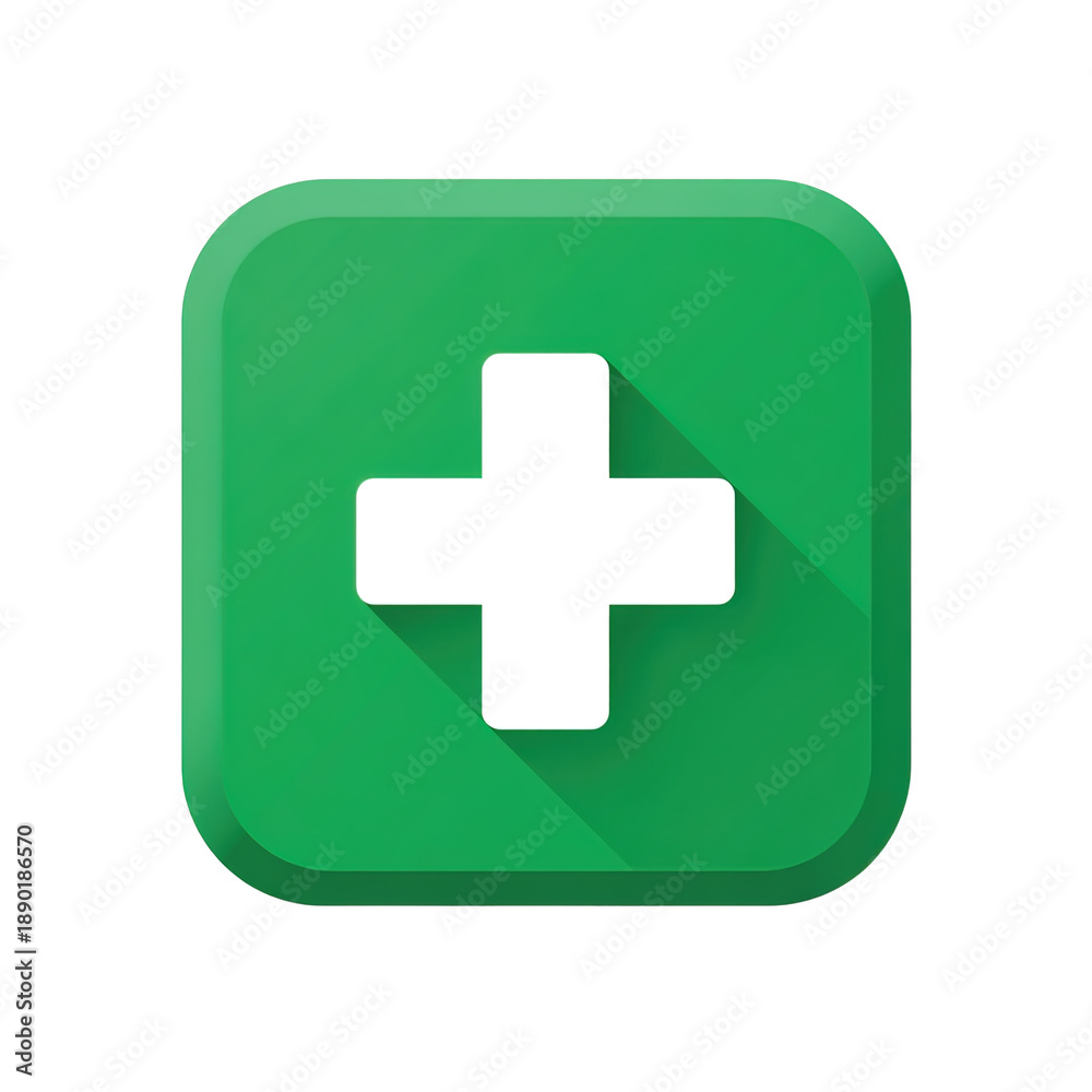 Obraz premium 3D Green Rounded Square Icon with White Plus Symbol for Add or Medical Isolated on Transparent Background
