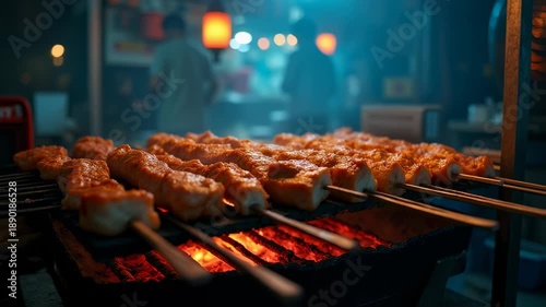 Delicious Skewers Grilling Over Hot Coals at a Vibrant Night Market.