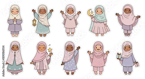 Collection of ten cute cartoon Muslim girls wearing hijabs in various poses, celebrating Islamic culture and traditions.
