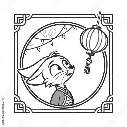 Chinese new year Cartoon fox in chinese dress looking up at lantern