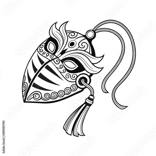 Black and white illustration of a decorated mask with a tassel isolated on background