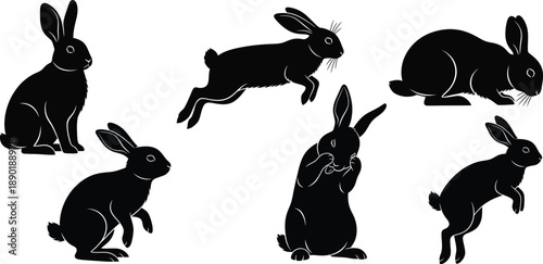 Small Mammal Shape Collection with Energetic Movement. Rabbit Silhouettes for Nature, Spring, and Decorative Design. Cute Animal Pack