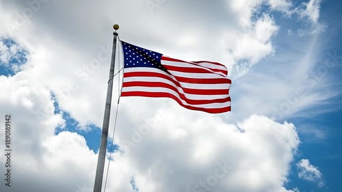 American Flag Waving on Pole Against Blue Sky with White Clouds Cinematic Drone Perspective