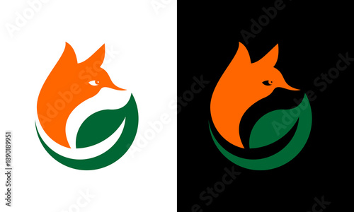 Stylized fox logos in orange and green on contrasting white and black backgrounds depicted in a modern graphic design