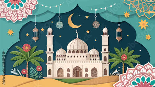 Serene mosque under starry night sky with crescent moon