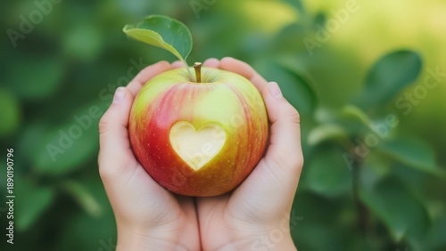 Hands holding a red apple with a heart shaped cut out in the fruit