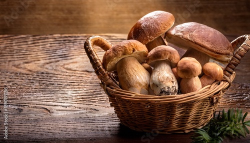 Basket Full Of Fresh Boletus Edulis Mushrooms On Rustic Wood Grain Table Top Still Life Macro Focus