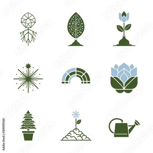 Nine geometric minimalist winter garden icons, including a pine tree and watering can, presented as a stylized duotone graphic illustration set using bold Forest Green and Pale Blue colors