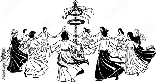Summer Solstice Midsummer Festival Silhouette Vector, Group of People Dancing in Nature, Pagan Holiday Celebration and Ethereal Seasonal Graphic