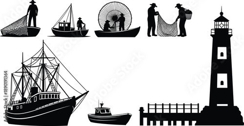 Fishing industry silhouettes set featuring fishermen with nets boats lighthouse pier and trawler isolated on white background for marine nautical design and commercial sea theme