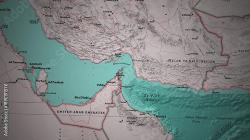 Map animation of maritime routes near the Strait of Hormuz and the Arabian Gulf region