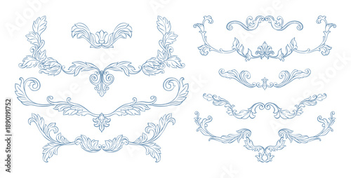 Vintage border set. Victorian hand drawn frame baroque border, ornate with classic acanthus leaves and rustic florals. Whimsical decorative elements for wedding invitation, card, certificate, diploma.