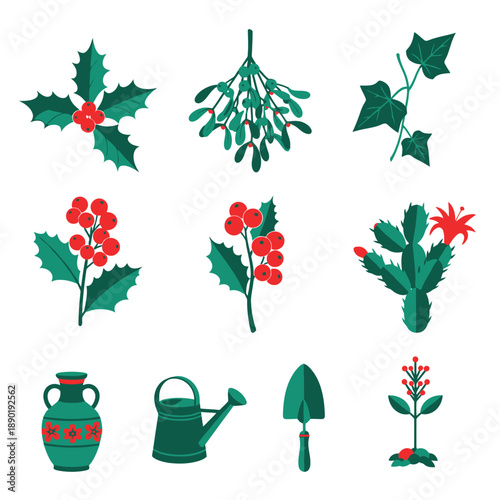 Professional flat graphic icons showcasing nine Christmas botanical subjects and garden tools, unified by a bold two tone Kelly Green and Cherry Red minimalist geometric style