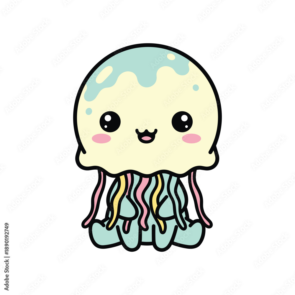 Fototapeta premium Cute cartoon jellyfish with pastel tentacles and smiling face smile