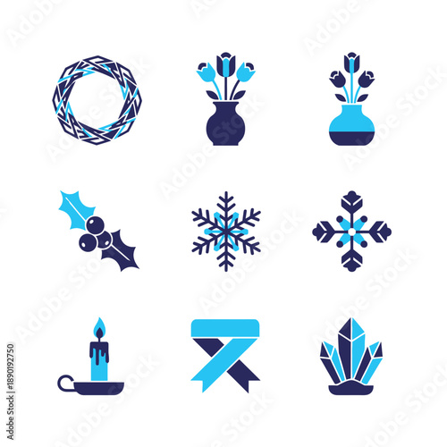 Seven minimalist duotone graphic icons illustrating winter florals and holiday symbols like a geometric wreath, snowflake, and candle, presented in a Navy Blue and Cyan flat graphic style