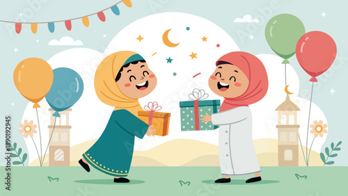 Two Muslim girls exchanging gifts on festive occasion with colorful balloons