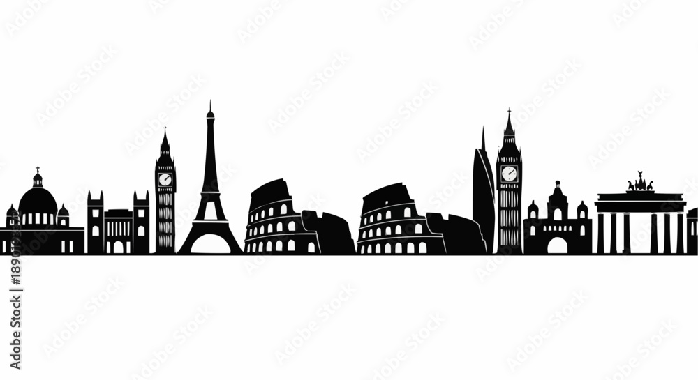 Fototapeta premium Silhouettes of famous landmarks from global cities in minimalist black