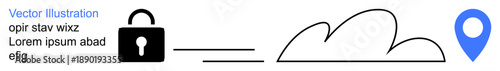 Data protection, cloud computing, secure storage, location tracking, cybersecurity, digital access. Lock, cloud shape and location pin connected by a line. Data protection and cloud computing