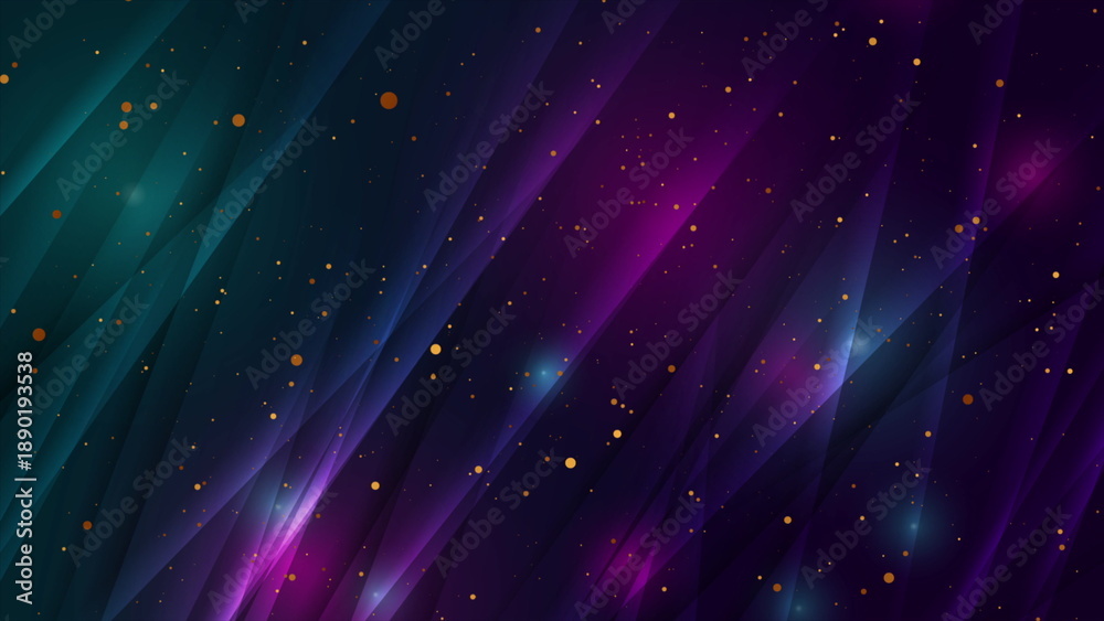 Fototapeta premium Bright blue violet glossy glowing abstract background with golden particles
