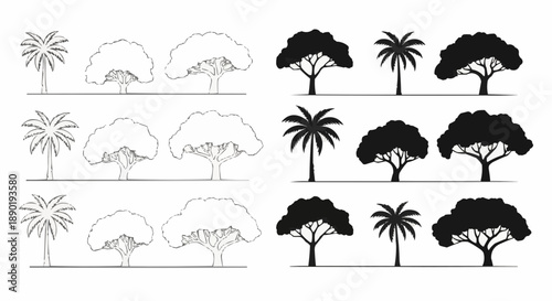 Silhouettes of palm trees and leafy canopy trees in minimalistic vector