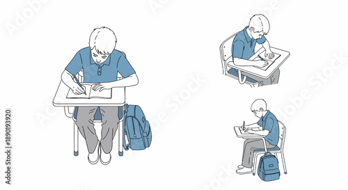 Illustrations of a young student sitting at a school desk, focused on writing in a notebook, with a backpack nearby.