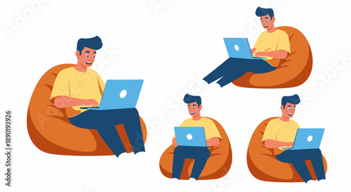 A man comfortably working on a laptop while sitting on a bean bag chair in various poses, illustrating remote work or study.