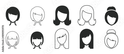 Set of ten minimalist illustrations showcasing various women's hairstyles in simple black and white line art