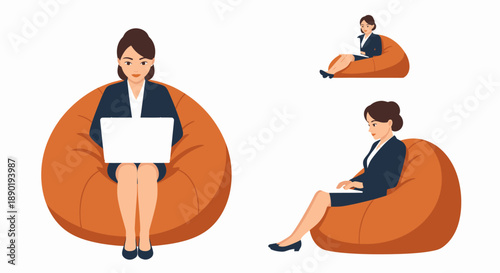 Professional woman working remotely on laptop from a comfortable orange bean bag chair in various poses.