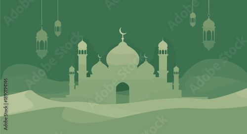 Green monochromatic illustration of a mosque silhouette with crescent moon and lanterns, set against desert dunes, representing Islamic culture and celebration.