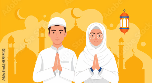 Muslim couple in traditional attire greeting, celebrating Eid al-Fitr or Ramadan, with mosque silhouettes and crescent moons in background.
