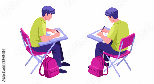 Two male students sitting at desks, writing or drawing, with purple backpacks next to their chairs, in a classroom setting.